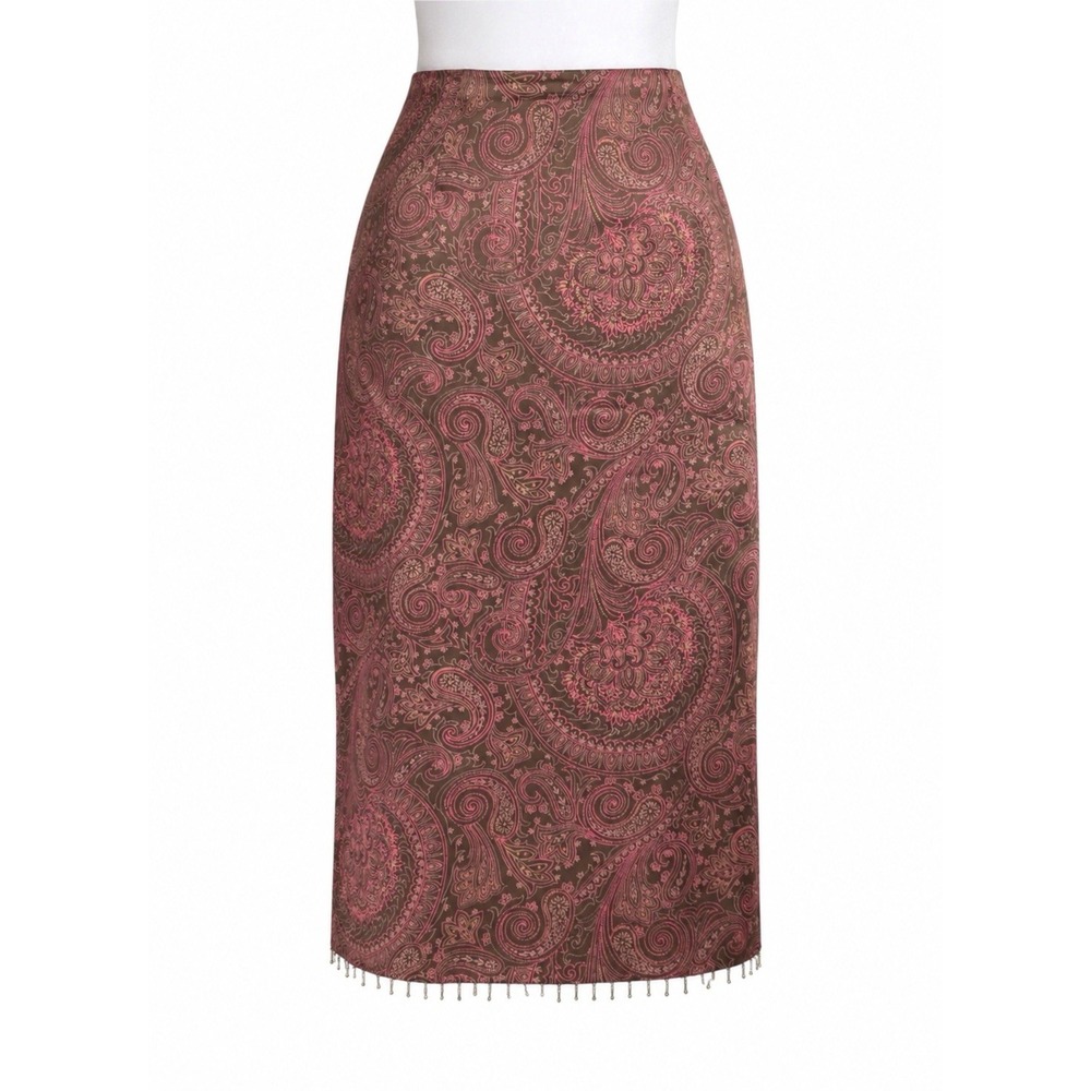 Vintage Ann Taylor Loft 100% Silk Brown Paisley Pencil Skirt Beaded Fringe Sz 4
